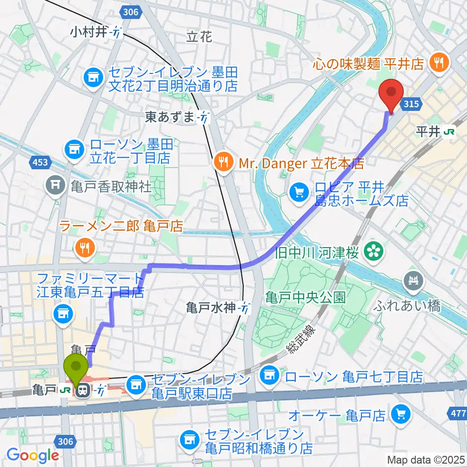 亀戸駅からギター工房タンジェリンへのルートマップ地図