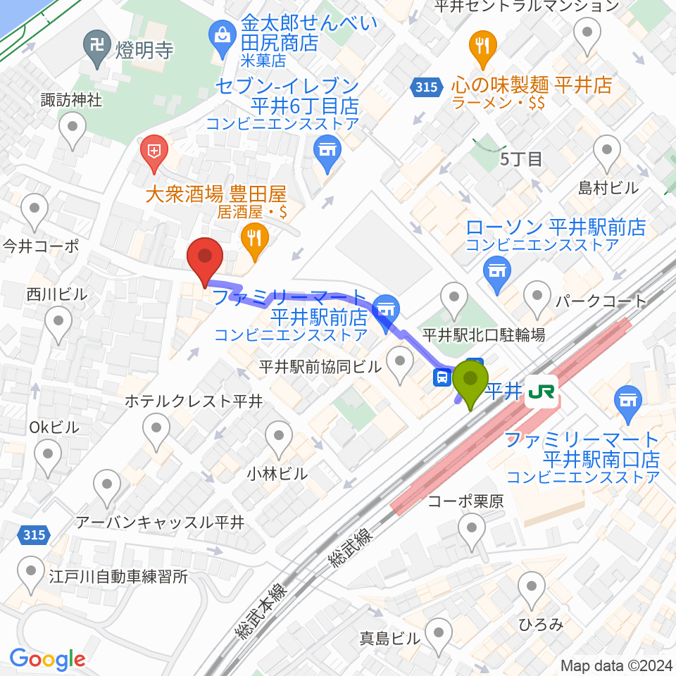 ギター工房タンジェリンの最寄駅平井駅からの徒歩ルート（約3分）地図