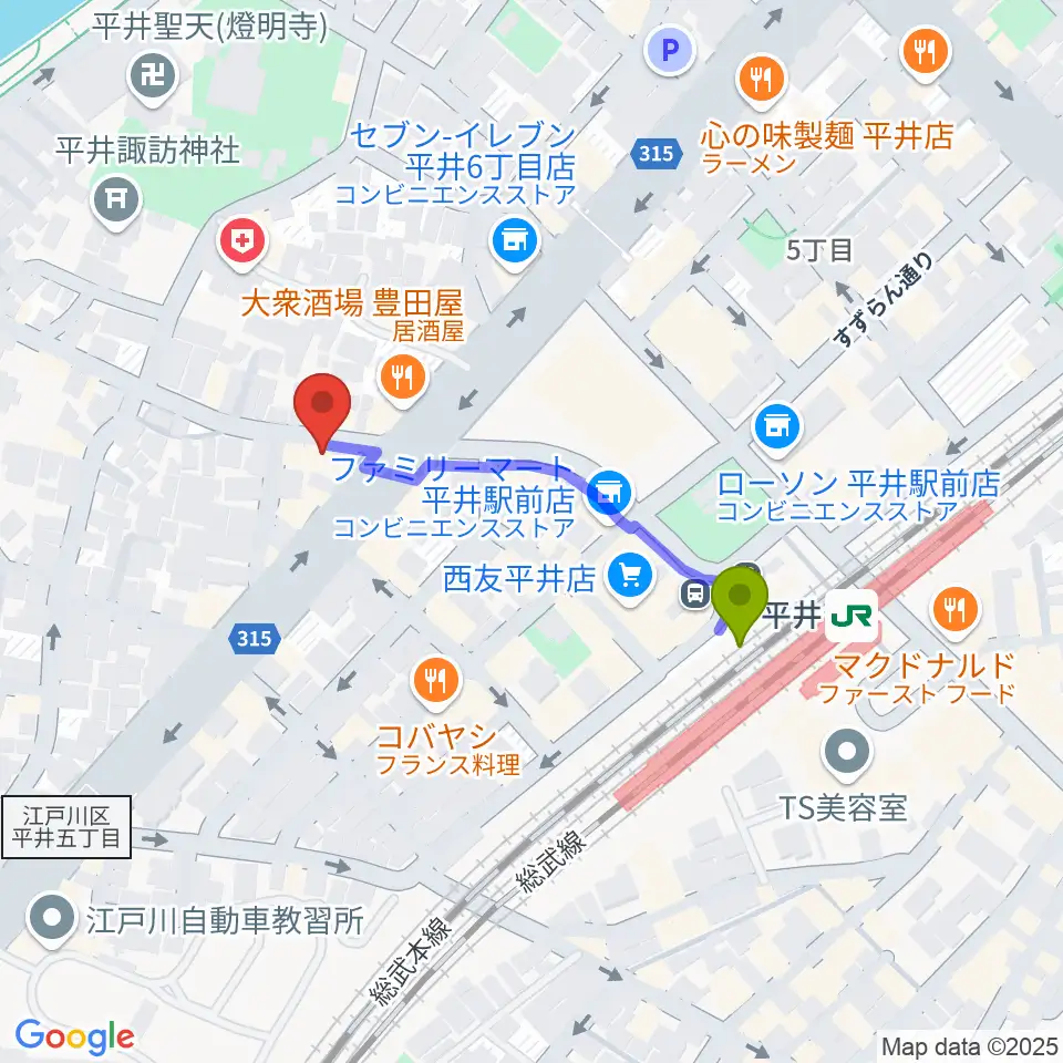 ギター工房タンジェリンの最寄駅平井駅からの徒歩ルート（約3分）地図