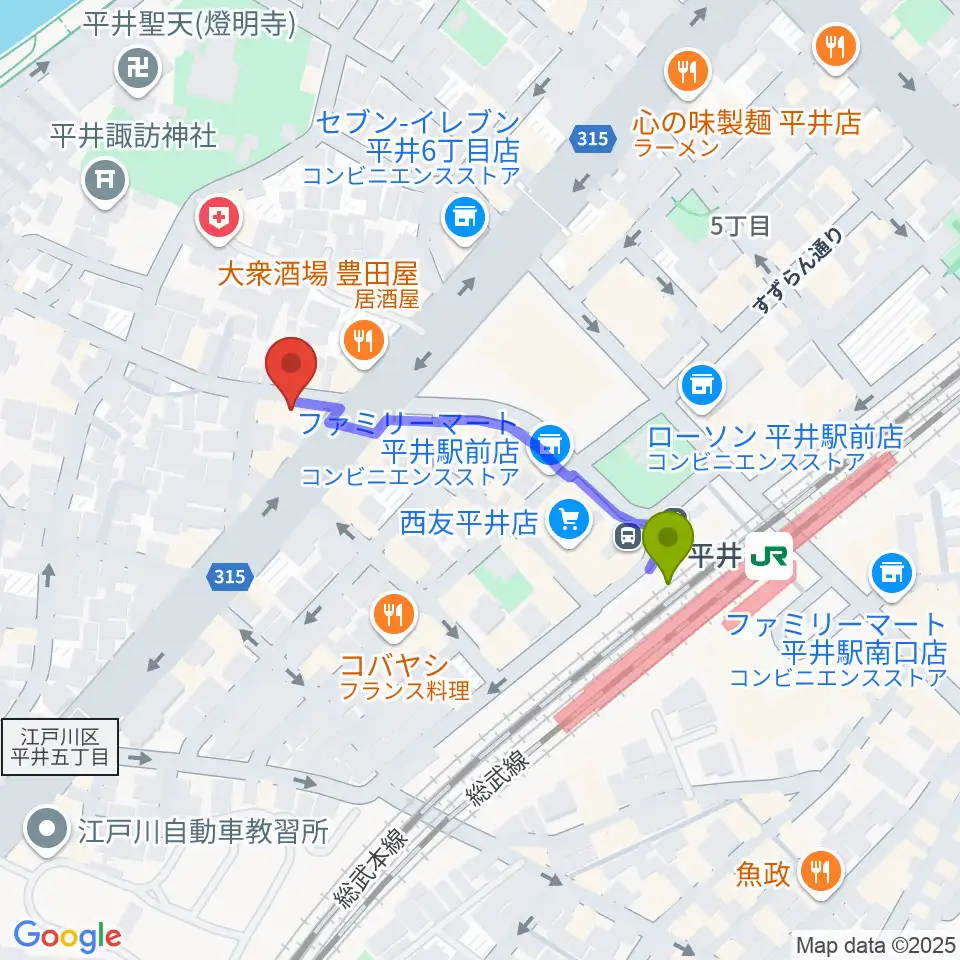 ギター工房タンジェリンの最寄駅平井駅からの徒歩ルート（約3分）地図
