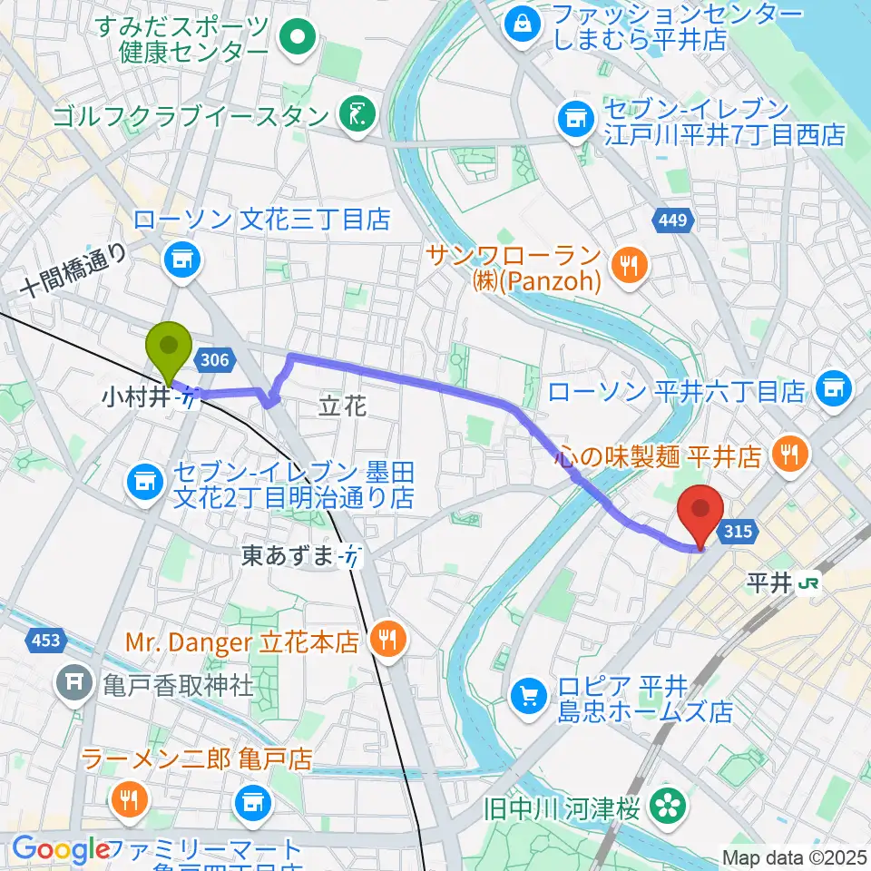 小村井駅からギター工房タンジェリンへのルートマップ地図