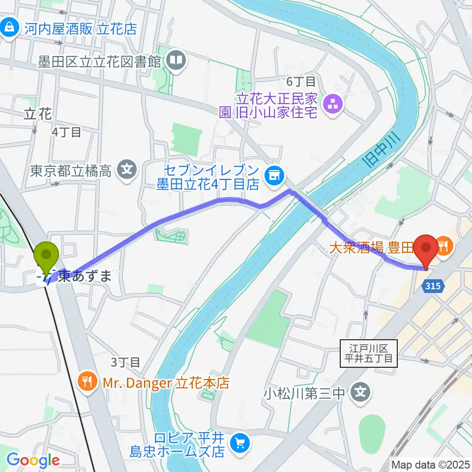 東あずま駅からギター工房タンジェリンへのルートマップ地図