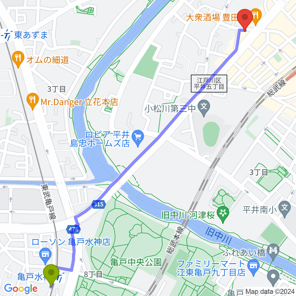 亀戸水神駅からギター工房タンジェリンへのルートマップ地図