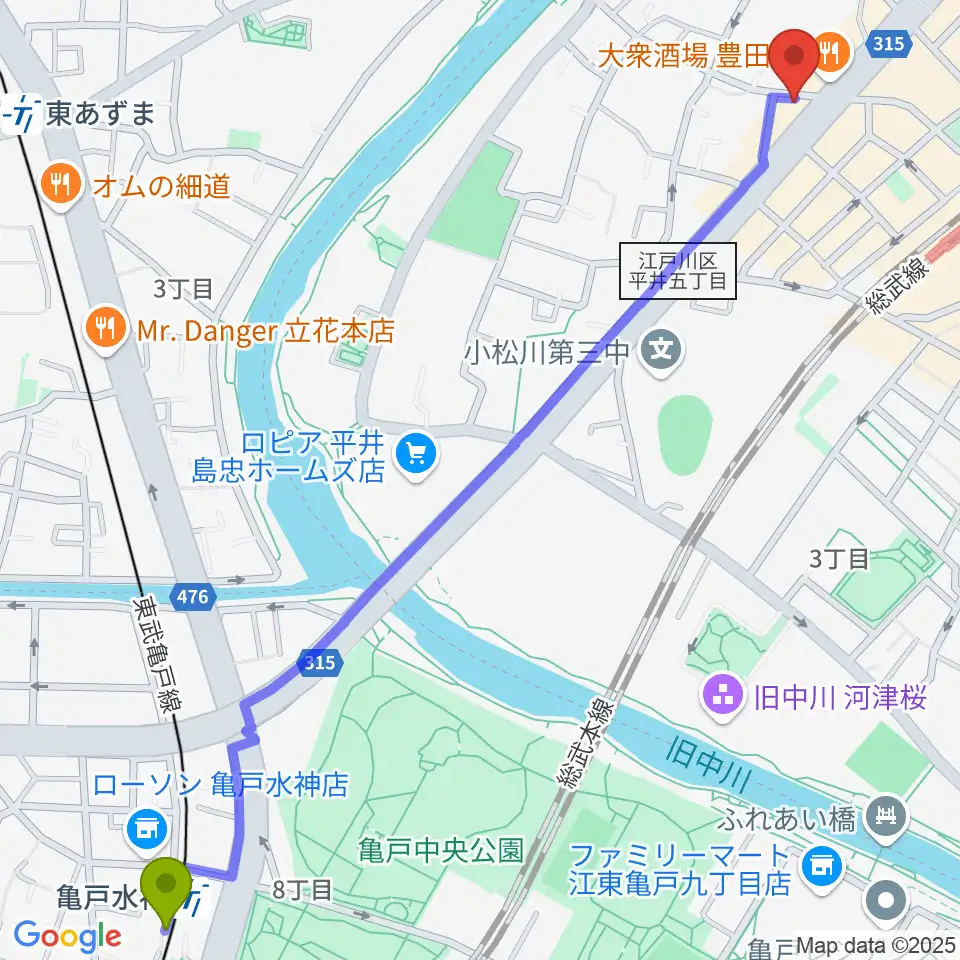 亀戸水神駅からギター工房タンジェリンへのルートマップ地図