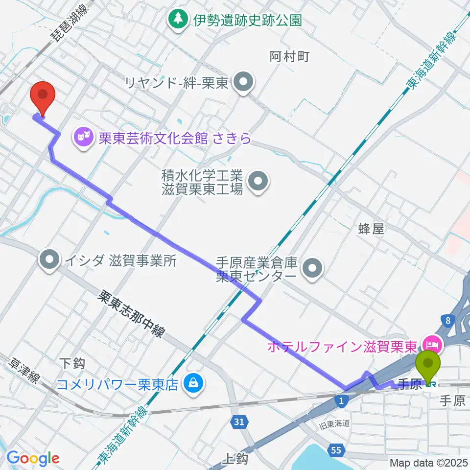 手原駅から田中靖二ギター＆ウクレレ教室へのルートマップ地図