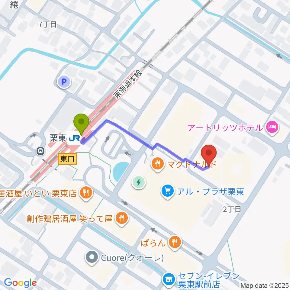 田中靖二ギター＆ウクレレ教室の最寄駅栗東駅からの徒歩ルート（約4分）地図