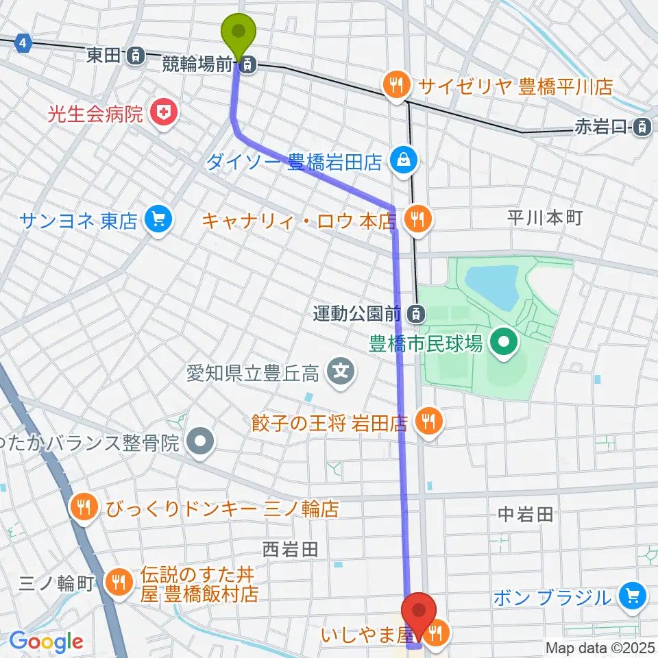 競輪場前駅からサウンドスタジオエマージェンシーへのルートマップ地図