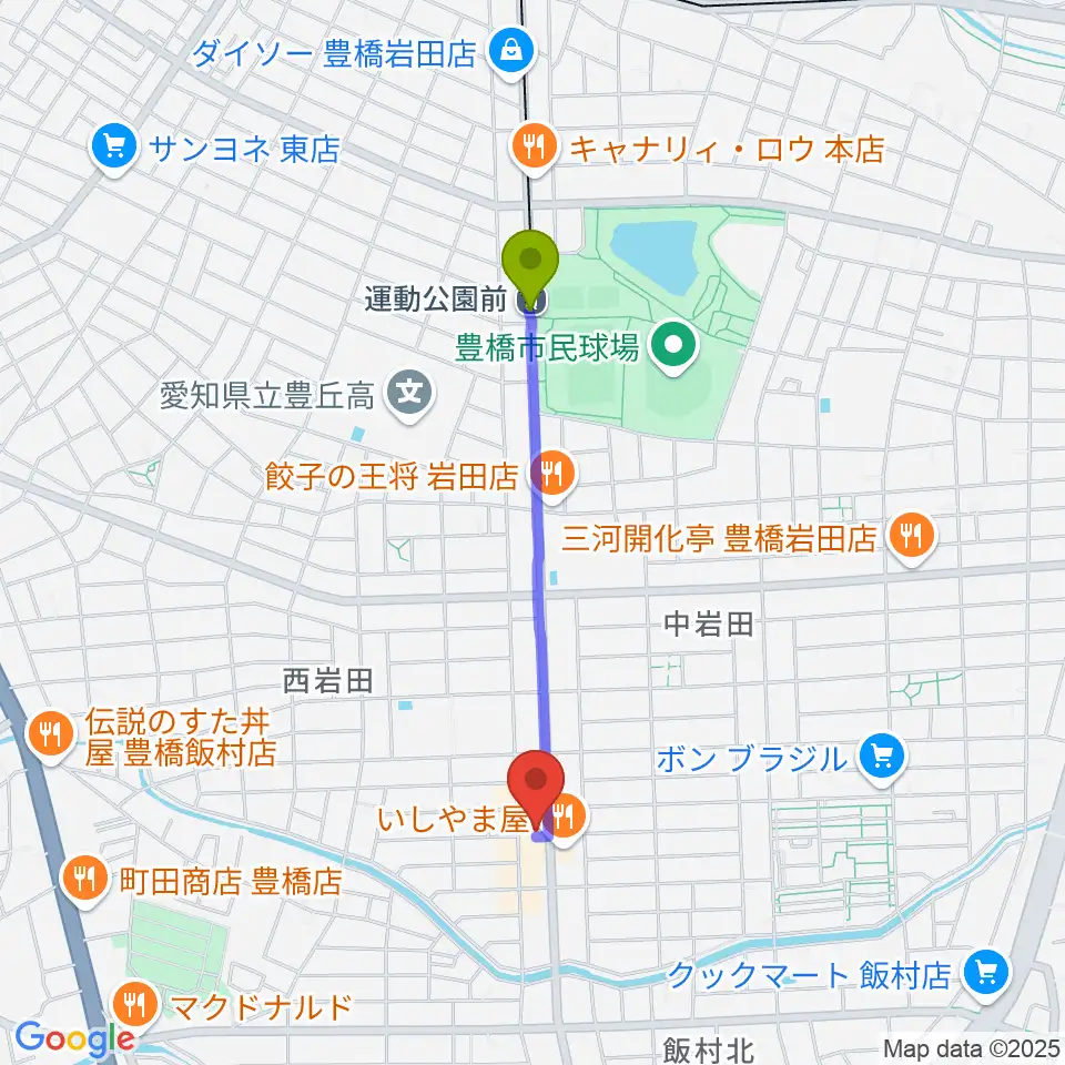 運動公園前駅からサウンドスタジオエマージェンシーへのルートマップ地図
