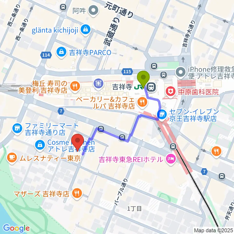石田博サックスレッスンの最寄駅吉祥寺駅からの徒歩ルート（約3分）地図