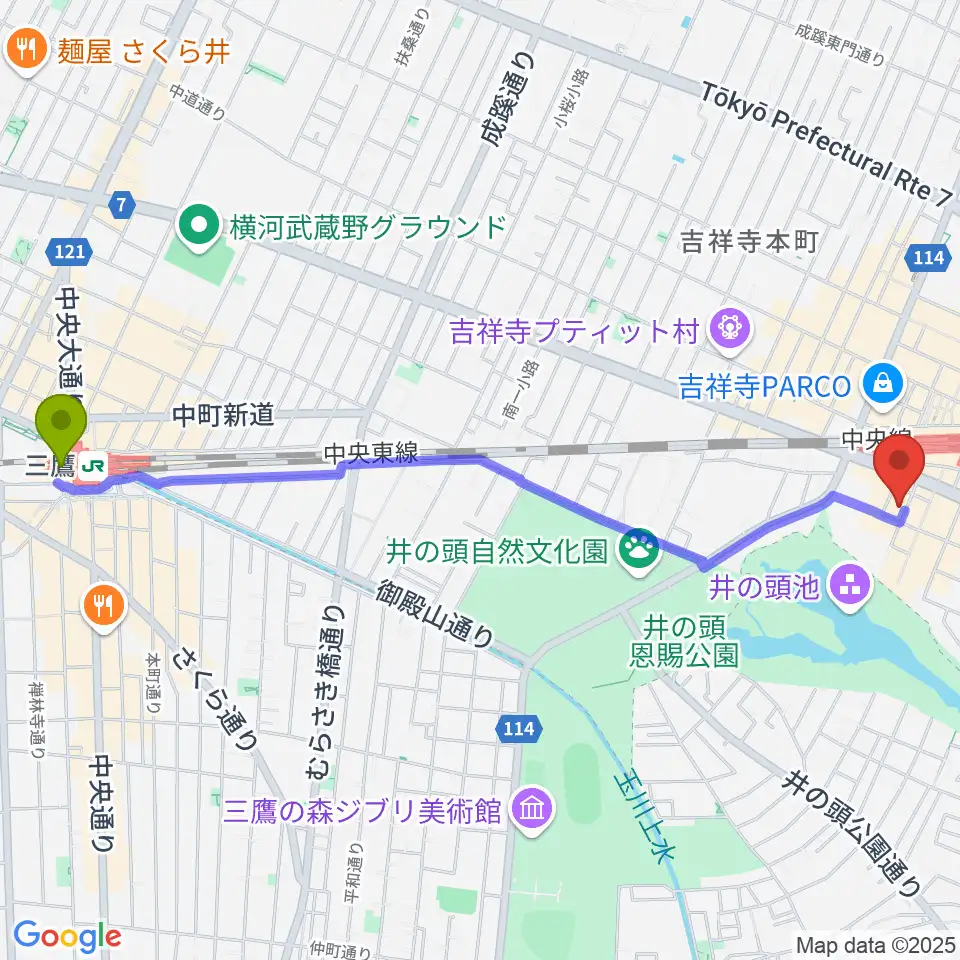 三鷹駅から石田博サックスレッスンへのルートマップ地図