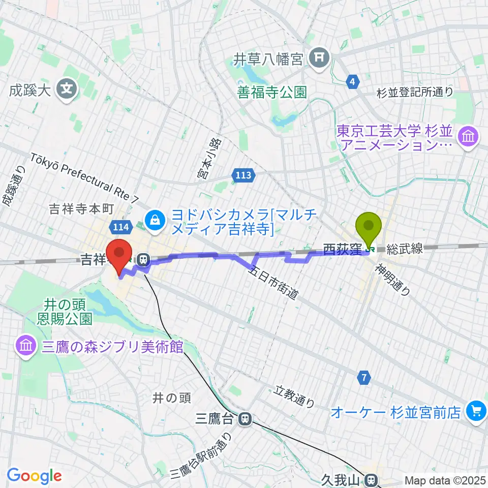 西荻窪駅から石田博サックスレッスンへのルートマップ地図