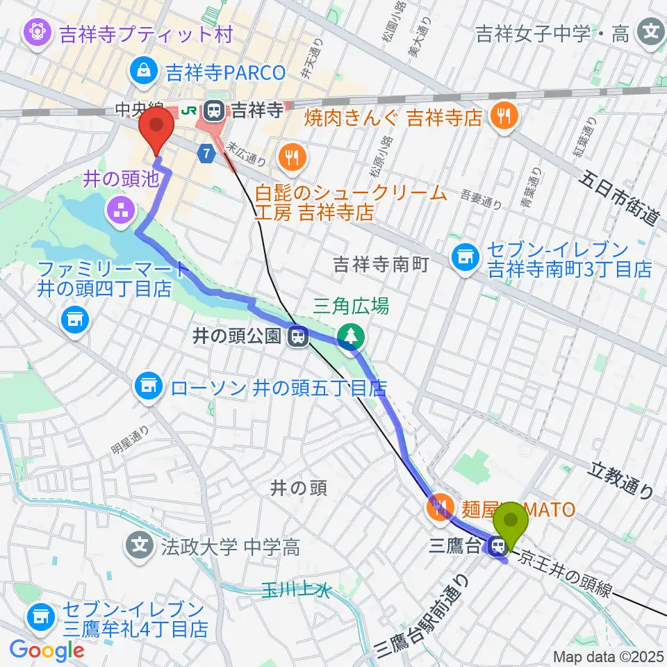 三鷹台駅から石田博サックスレッスンへのルートマップ地図