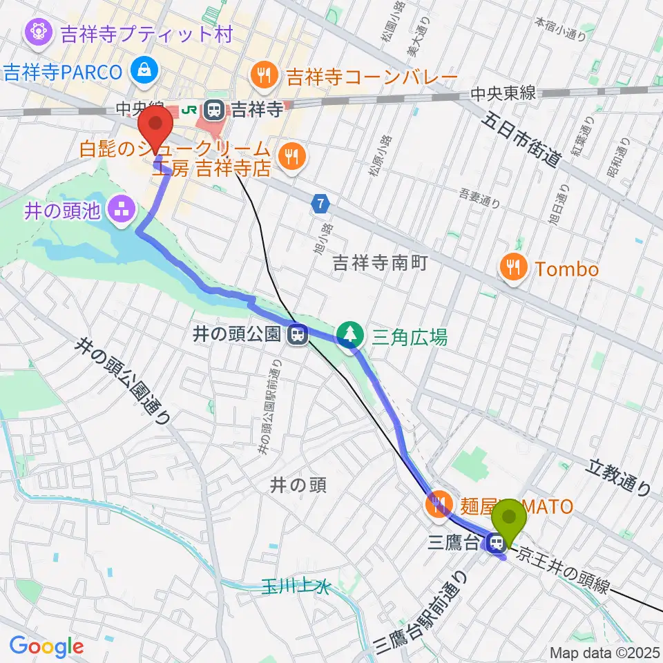 三鷹台駅から石田博サックスレッスンへのルートマップ地図