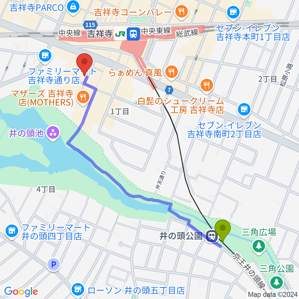 井の頭公園駅から石田博サックスレッスンへのルートマップ地図