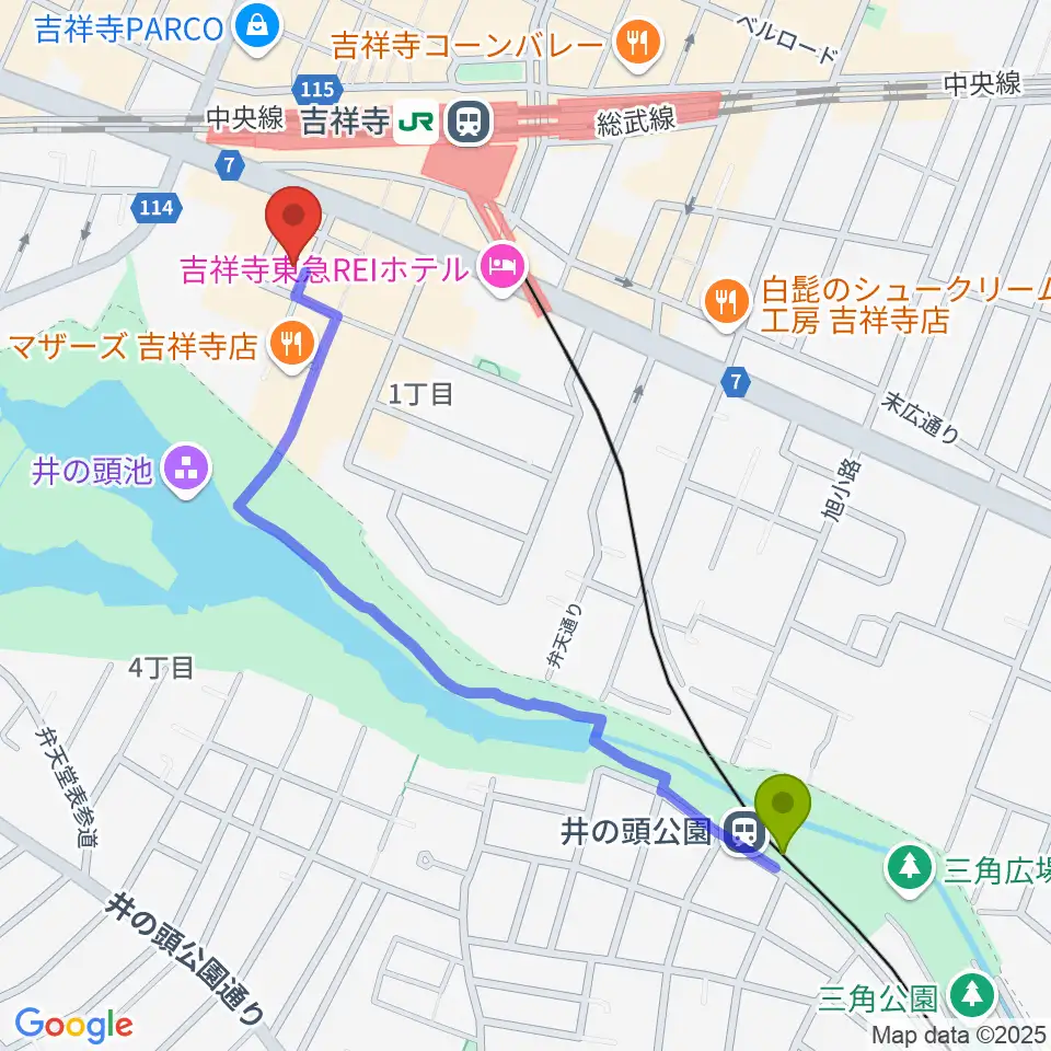 井の頭公園駅から石田博サックスレッスンへのルートマップ地図