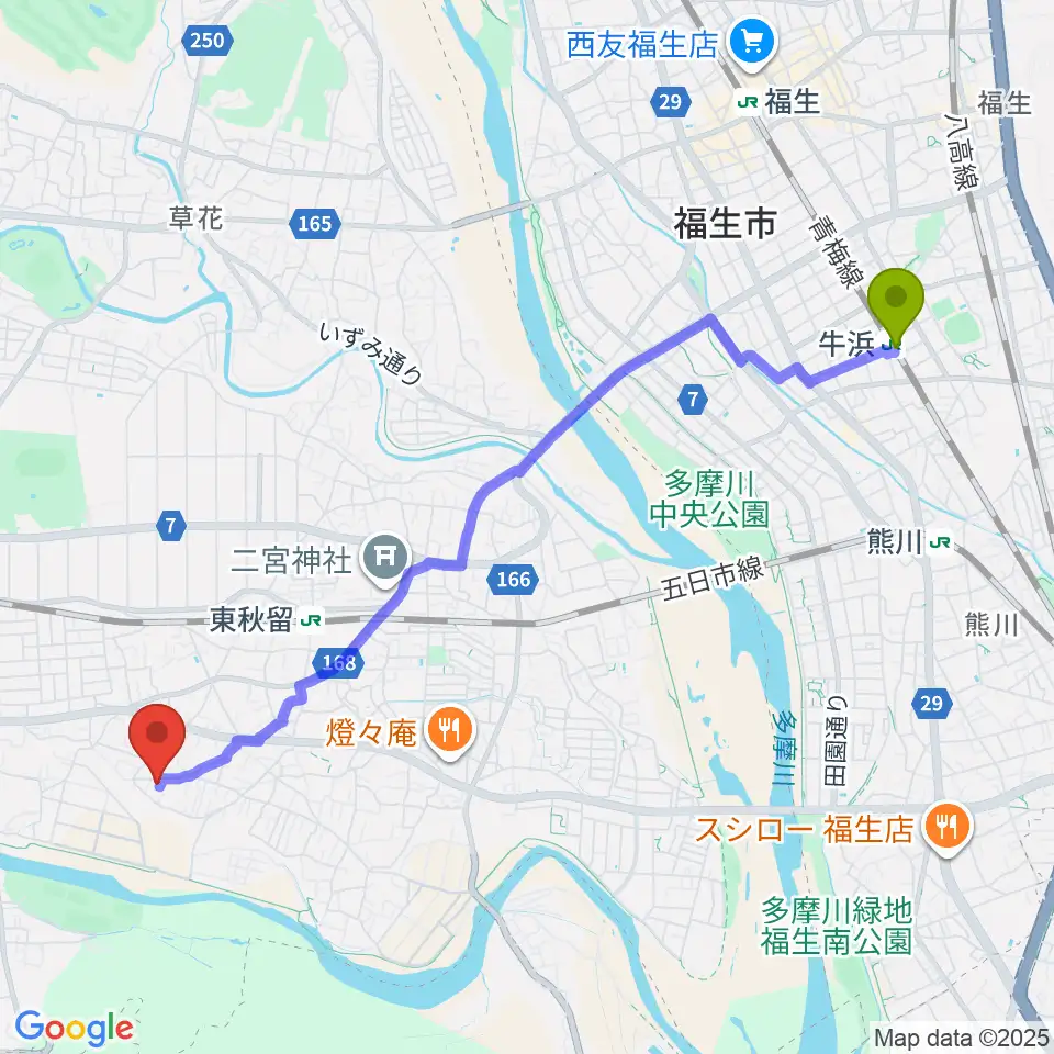 牛浜駅からまがりギター教室へのルートマップ地図