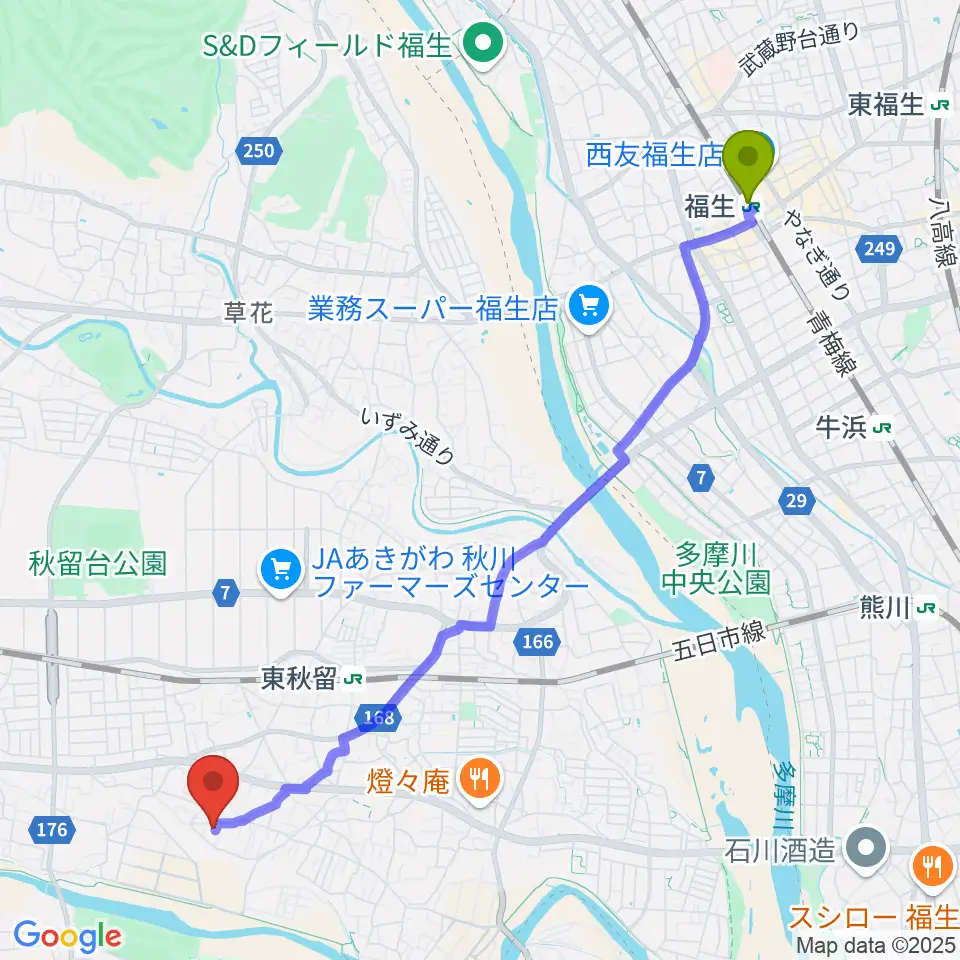 福生駅からまがりギター教室へのルートマップ地図