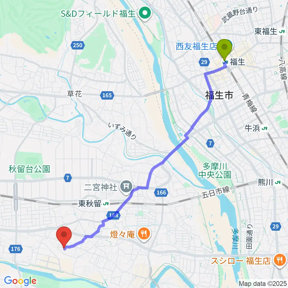福生駅からまがりギター教室へのルートマップ地図