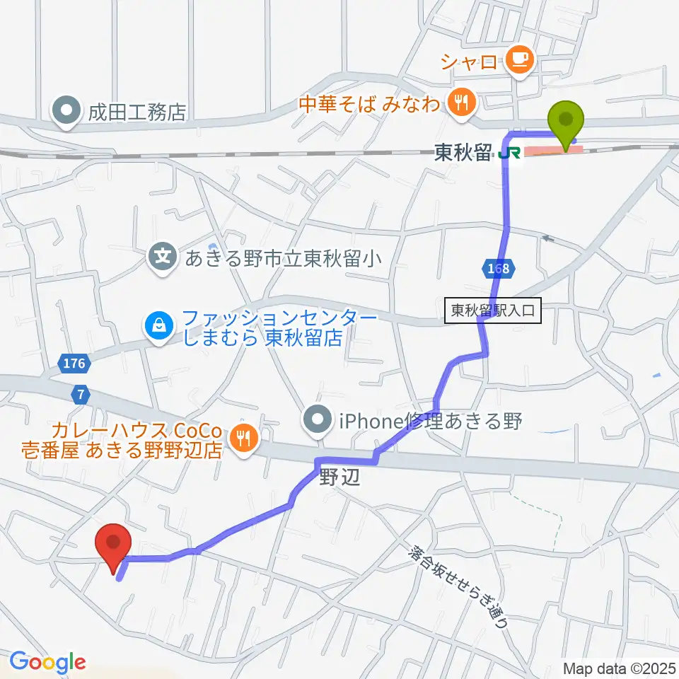 まがりギター教室の最寄駅東秋留駅からの徒歩ルート（約14分）地図