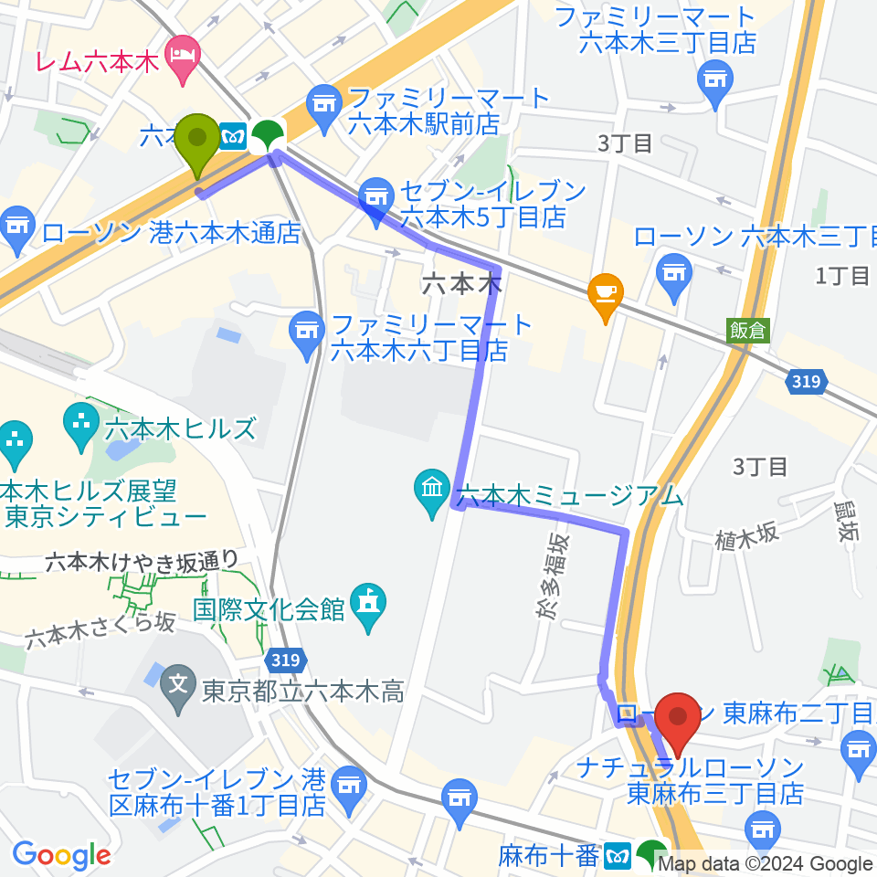 六本木駅からスタジオファインへのルートマップ地図