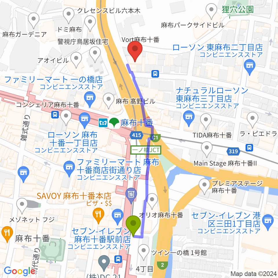 スタジオファインの最寄駅麻布十番駅からの徒歩ルート（約5分）地図