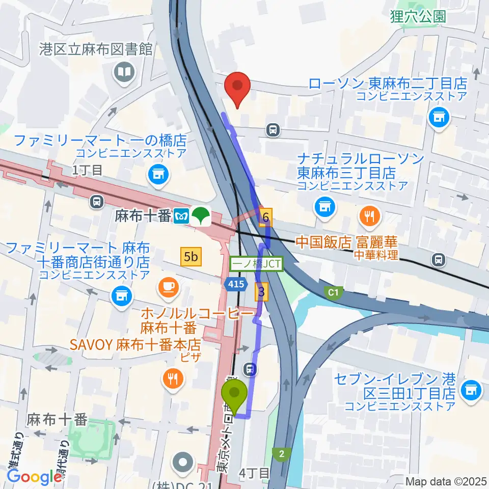 スタジオファインの最寄駅麻布十番駅からの徒歩ルート（約5分）地図