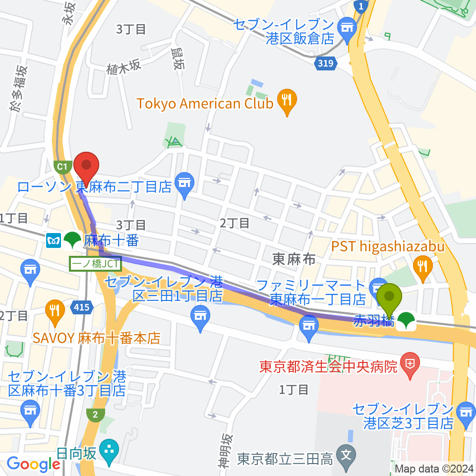 赤羽橋駅からスタジオファインへのルートマップ地図