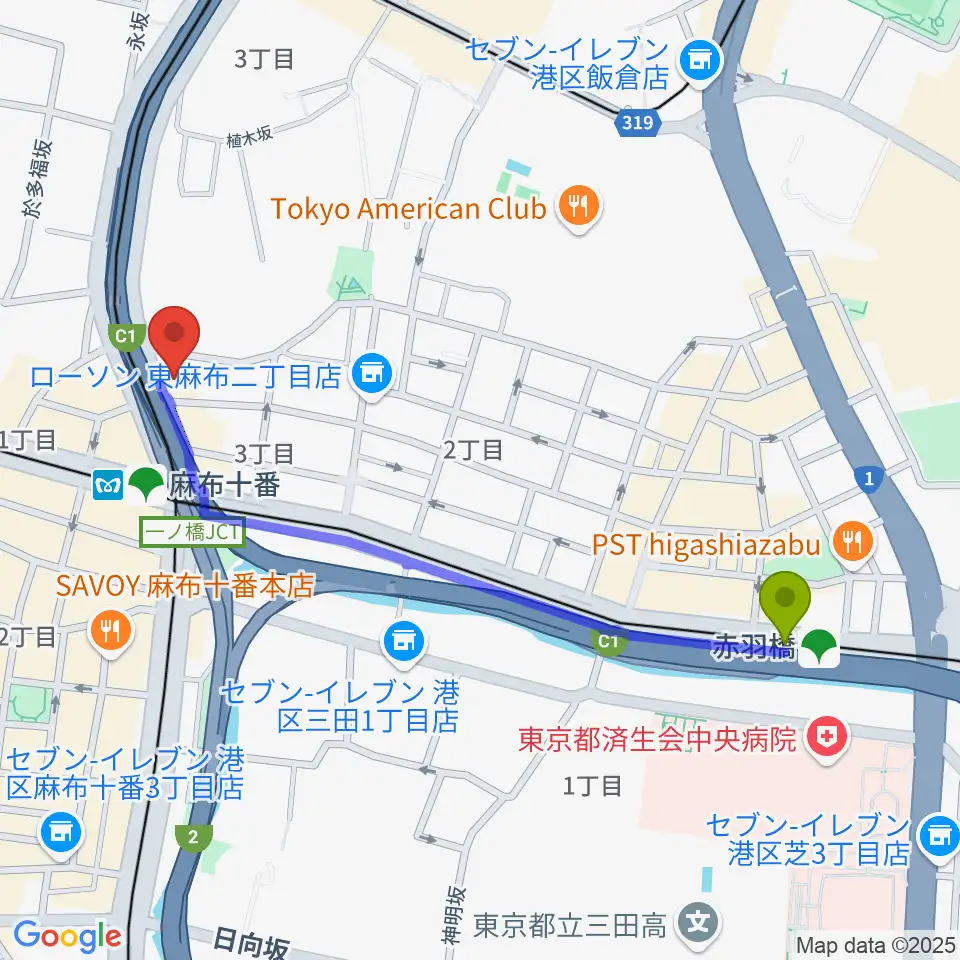 赤羽橋駅からスタジオファインへのルートマップ地図