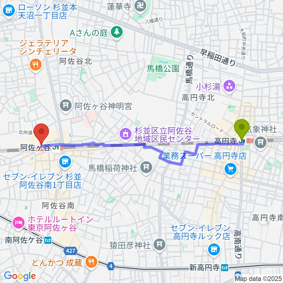 高円寺駅から阿佐ヶ谷Yellow Visionへのルートマップ地図