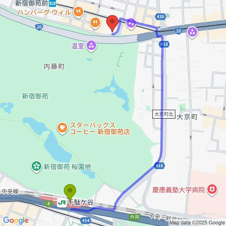 千駄ケ谷駅からマエストローラ音楽院へのルートマップ地図