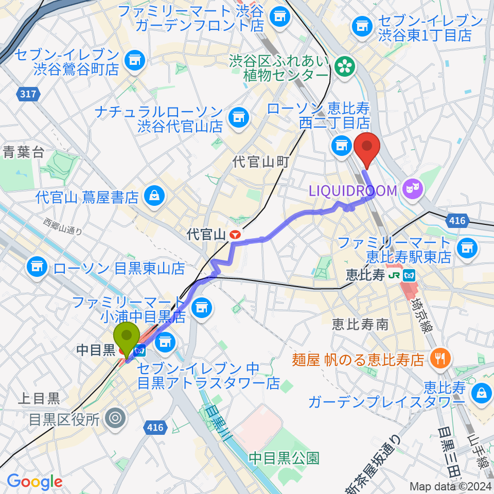 中目黒駅からウイスタリア音楽院へのルートマップ地図