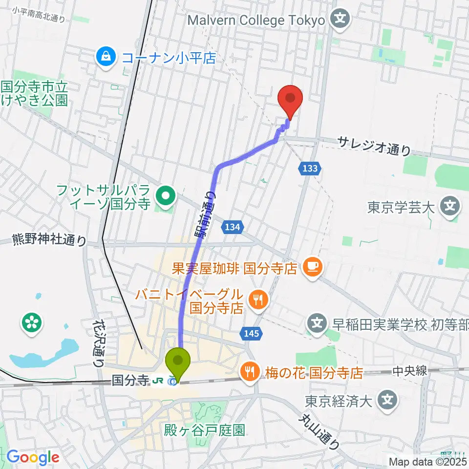 音楽教室 I STUDIOの最寄駅国分寺駅からの徒歩ルート（約19分）地図