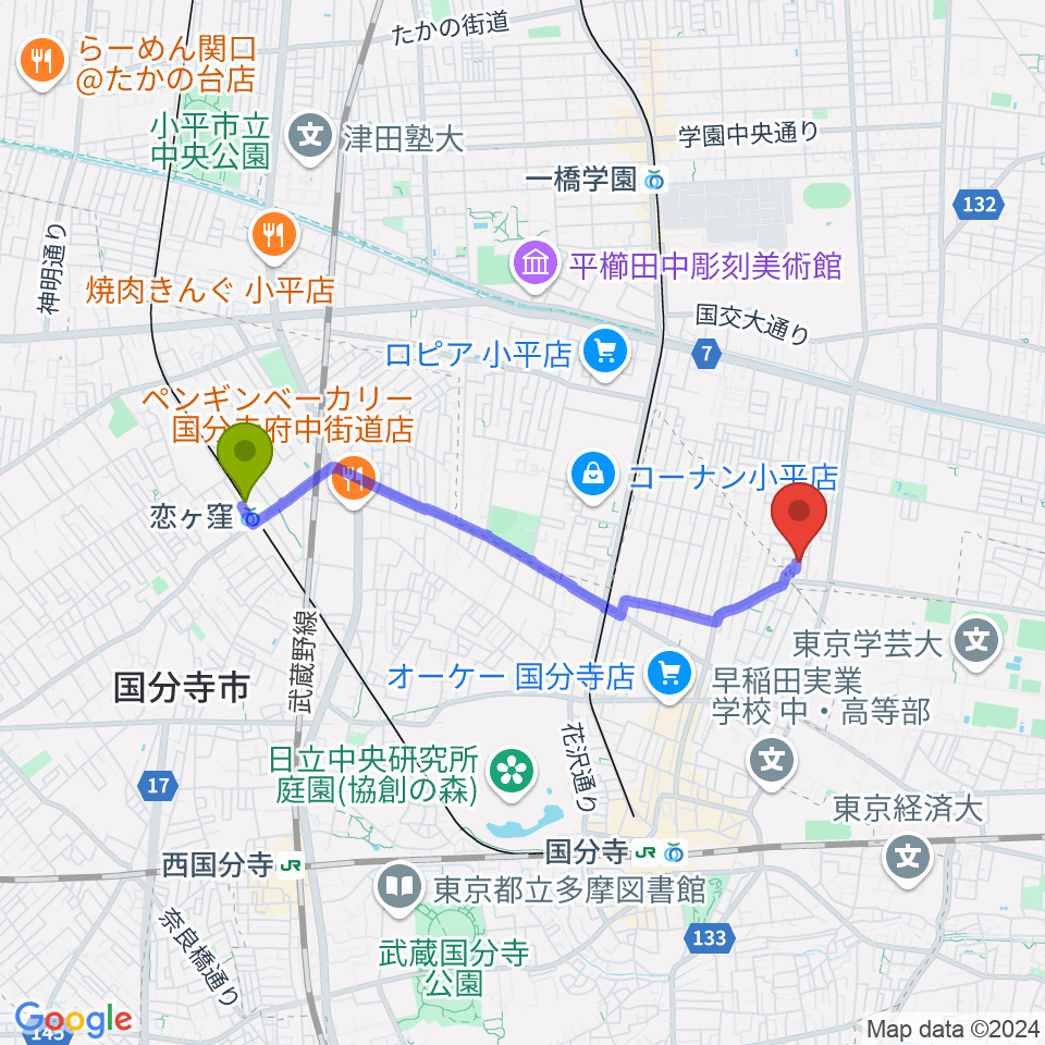 恋ヶ窪駅から国分寺 音楽教室 I STUDIOへのルートマップ地図