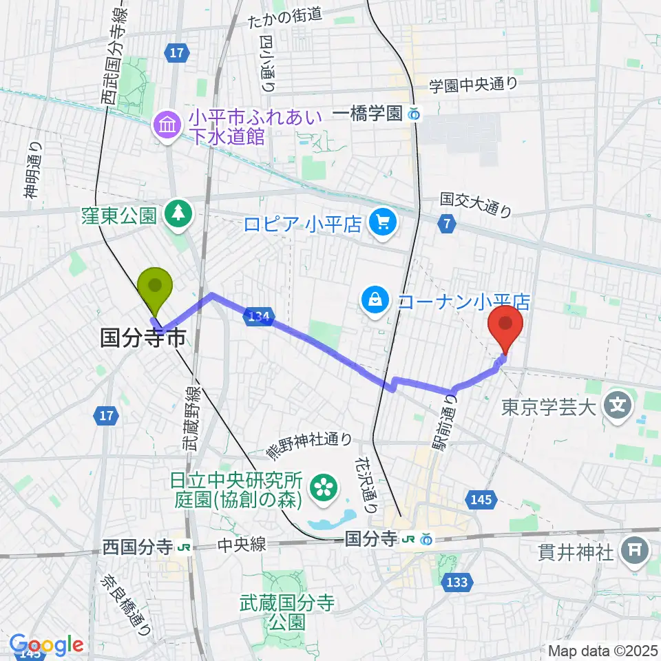 恋ヶ窪駅から音楽教室 I STUDIOへのルートマップ地図