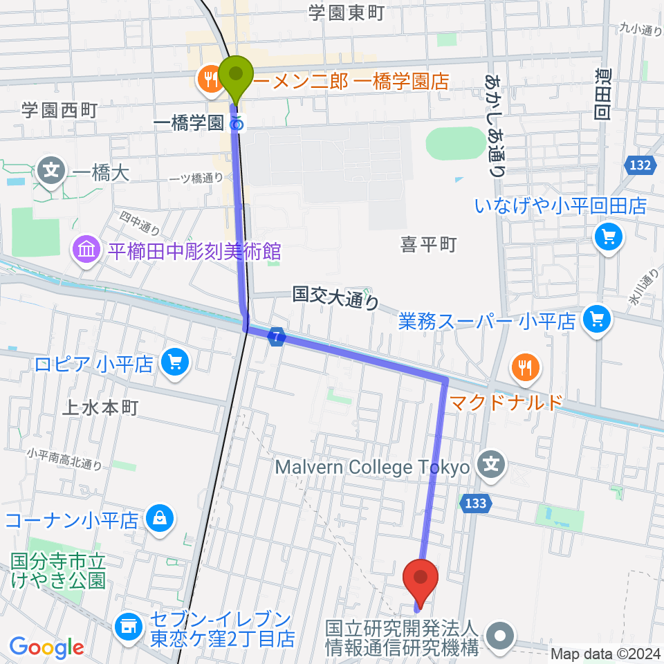 一橋学園駅から国分寺 音楽教室 I STUDIOへのルートマップ地図