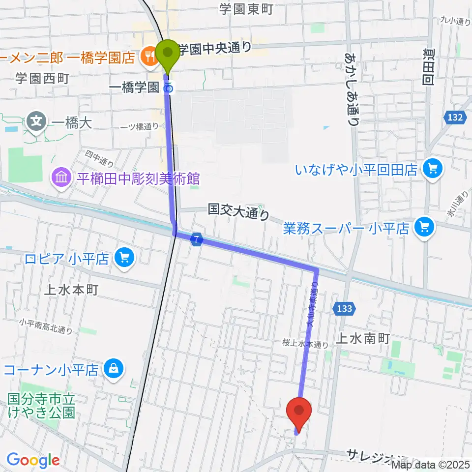 一橋学園駅から音楽教室 I STUDIOへのルートマップ地図