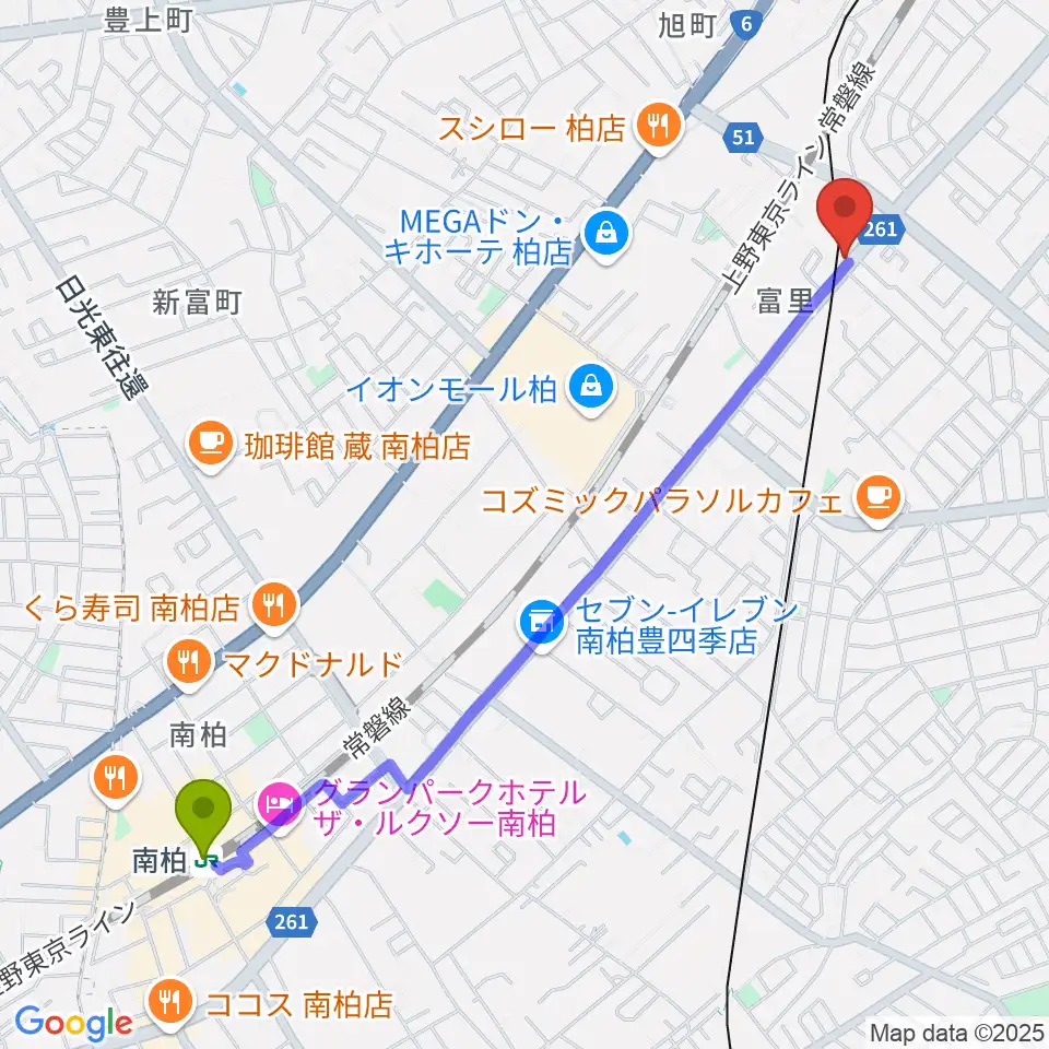 南柏駅から柏サンブアップへのルートマップ地図