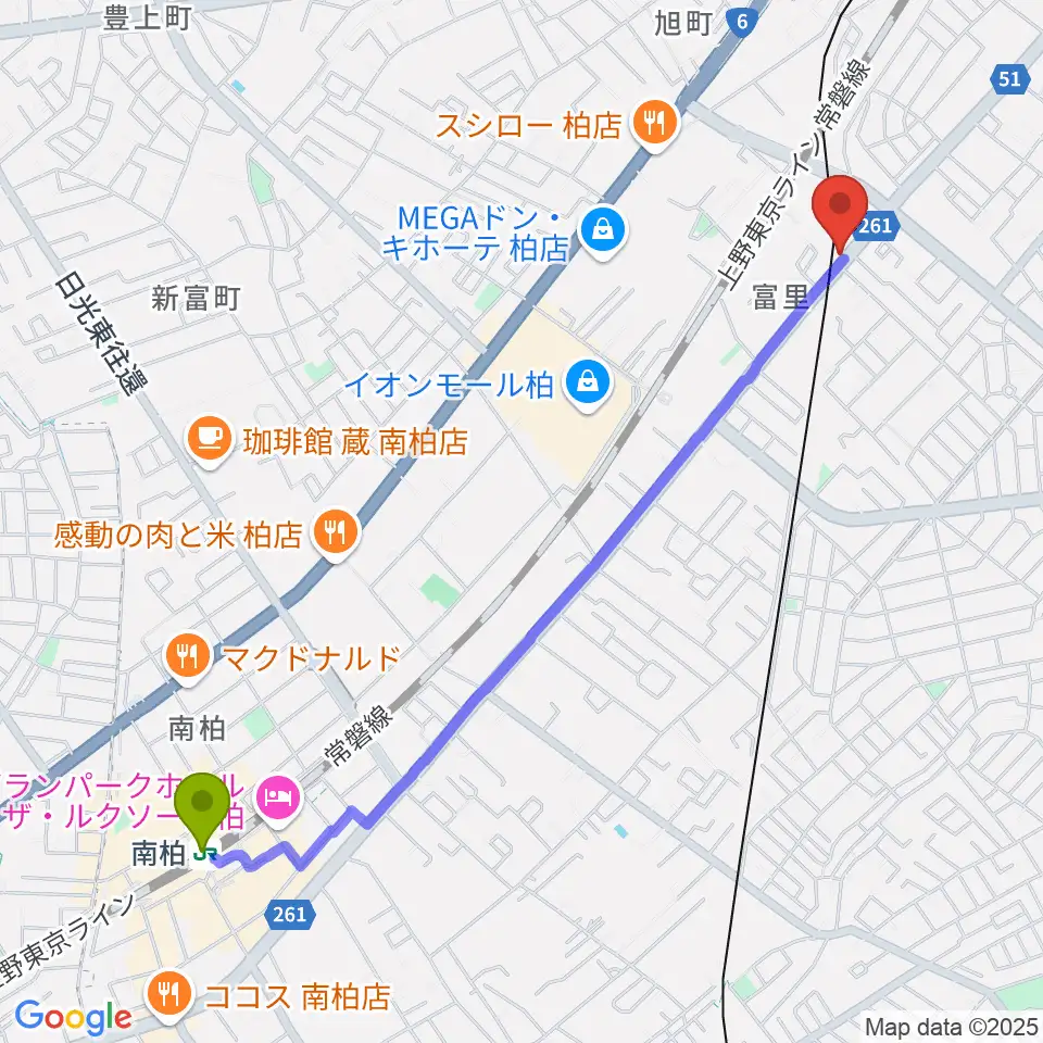 南柏駅から柏サンブアップへのルートマップ地図