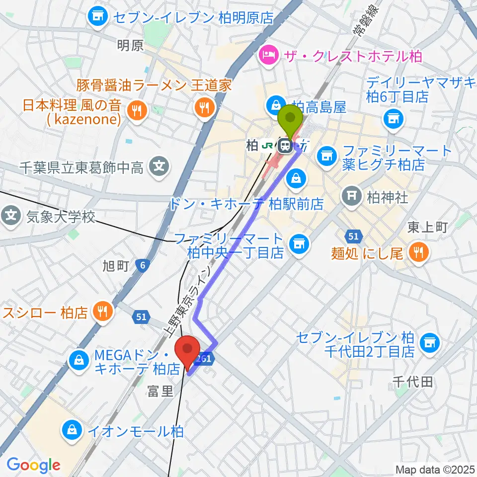 柏サンブアップの最寄駅柏駅からの徒歩ルート（約16分）地図