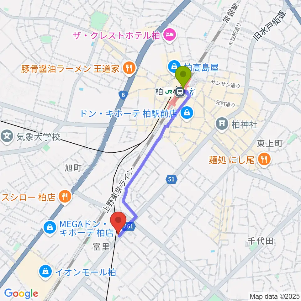 柏サンブアップの最寄駅柏駅からの徒歩ルート（約16分）地図