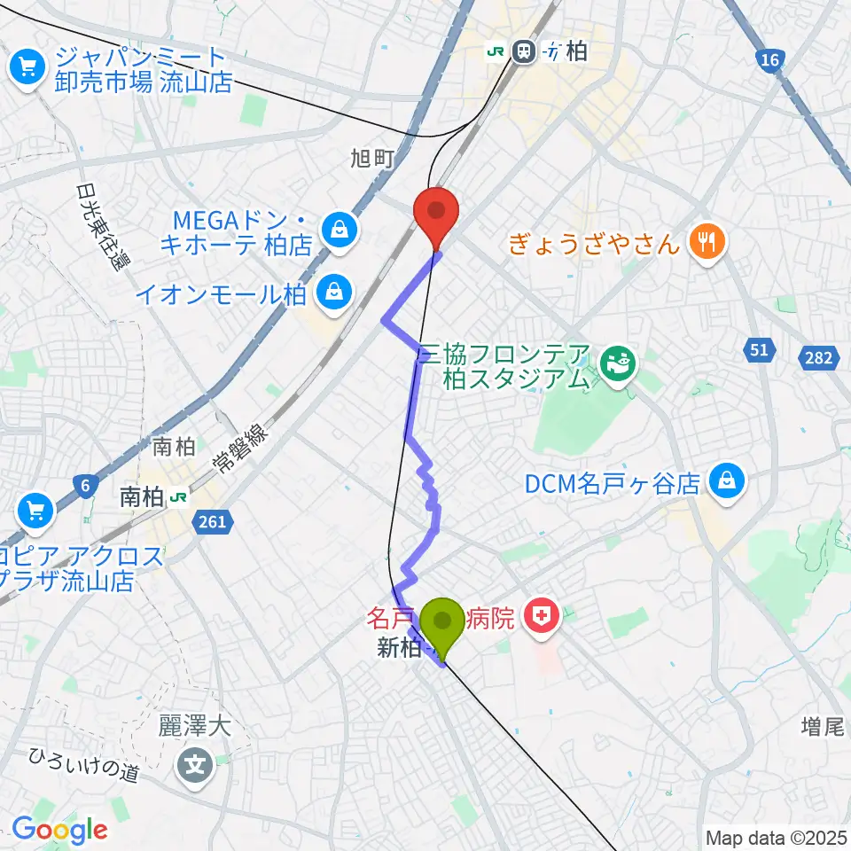 新柏駅から柏サンブアップへのルートマップ地図