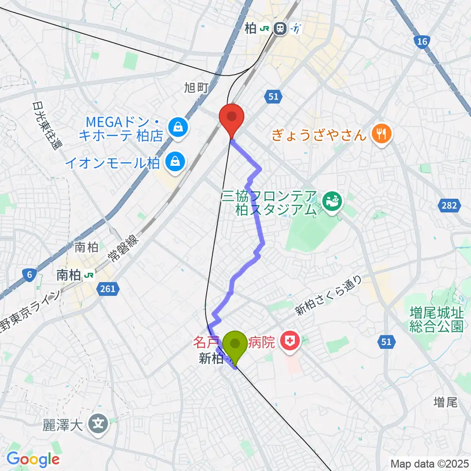 新柏駅から柏サンブアップへのルートマップ地図