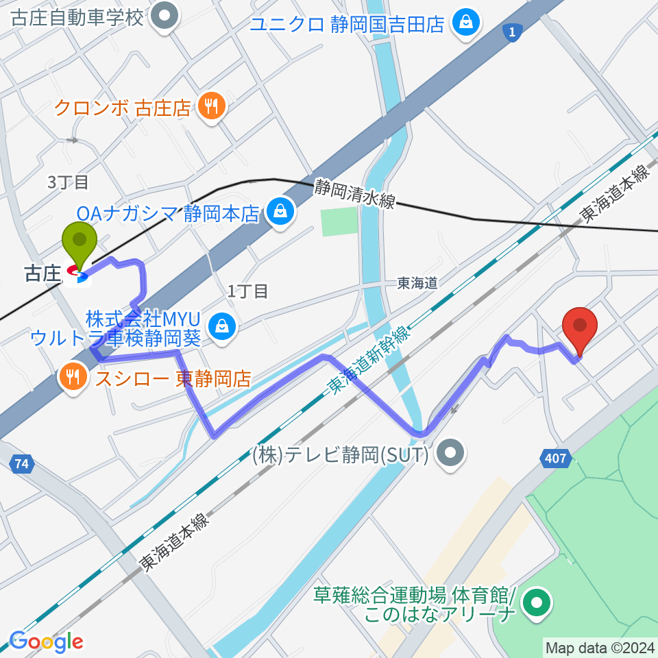 古庄駅からヤマモトレコーディングスタジオへのルートマップ地図