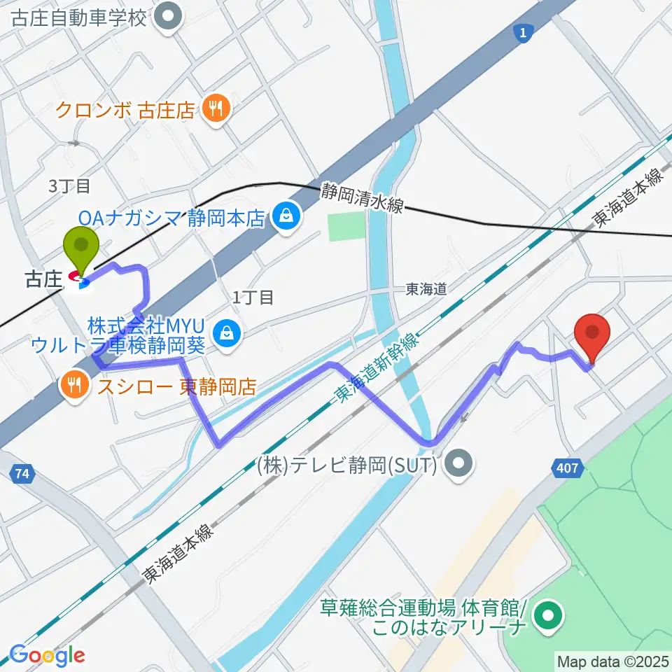 古庄駅からヤマモトレコーディングスタジオへのルートマップ地図