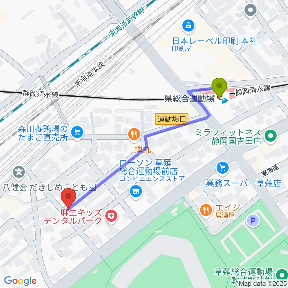 ヤマモトレコーディングスタジオの最寄駅県総合運動場駅からの徒歩ルート（約5分）地図