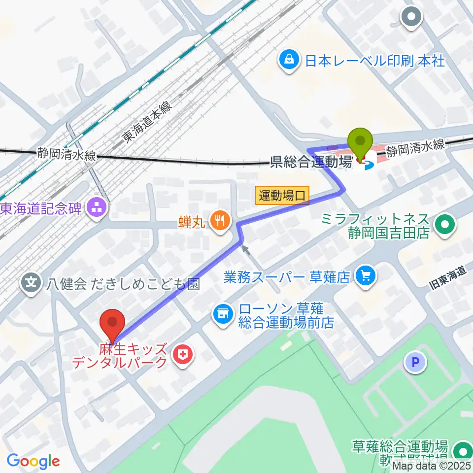 ヤマモトレコーディングスタジオの最寄駅県総合運動場駅からの徒歩ルート（約5分）地図