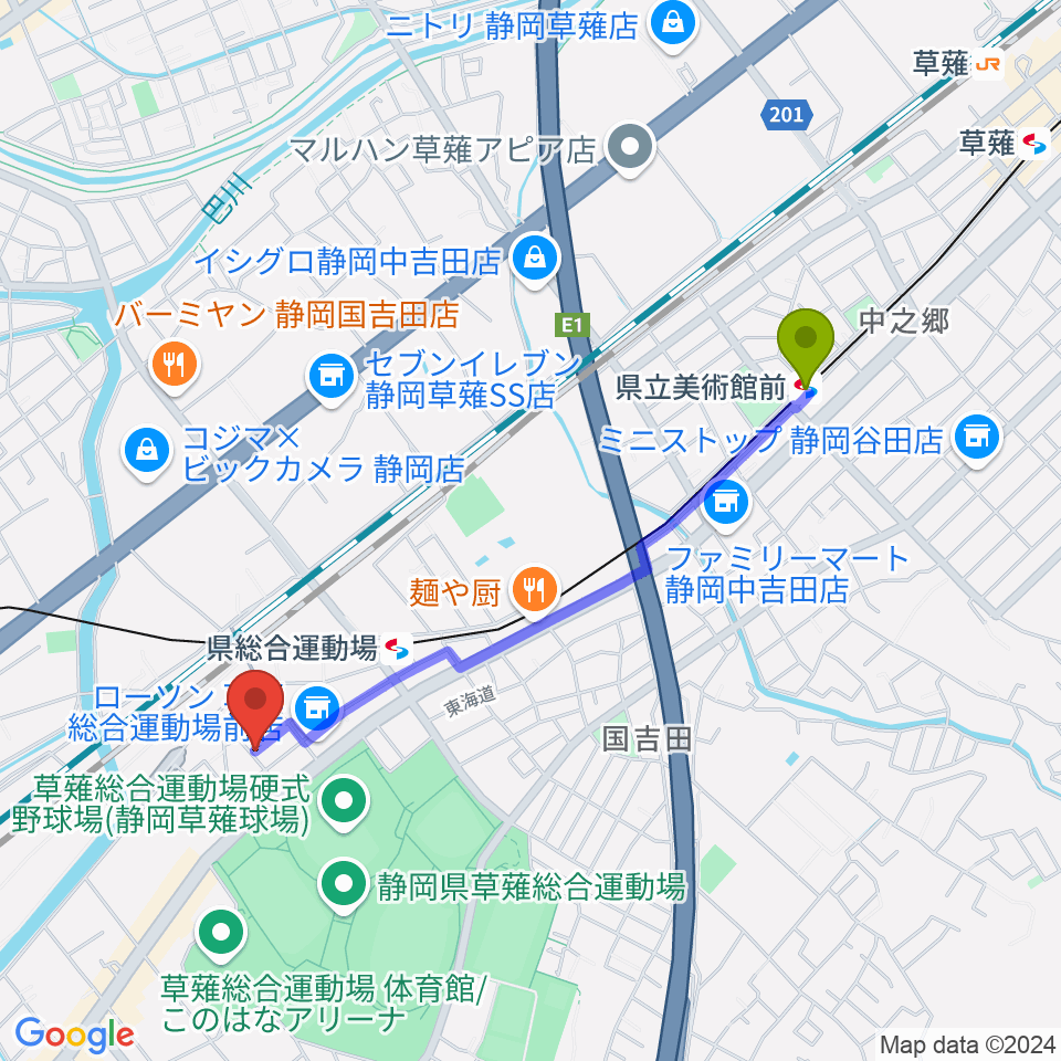 県立美術館前駅からヤマモトレコーディングスタジオへのルートマップ地図