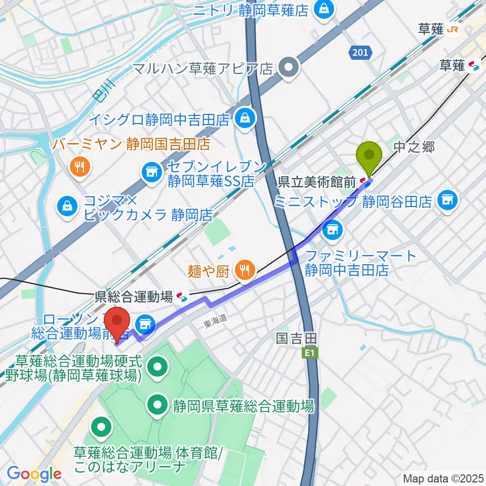 県立美術館前駅からヤマモトレコーディングスタジオへのルートマップ地図