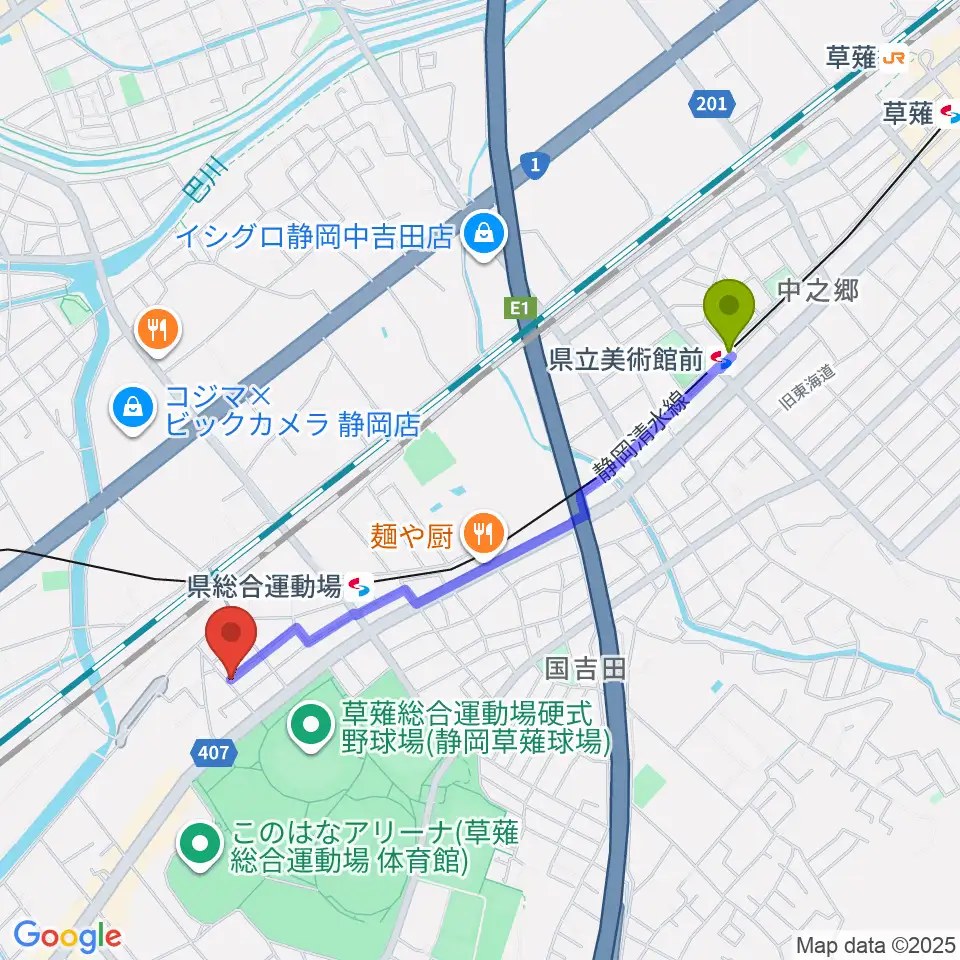 県立美術館前駅からヤマモトレコーディングスタジオへのルートマップ地図