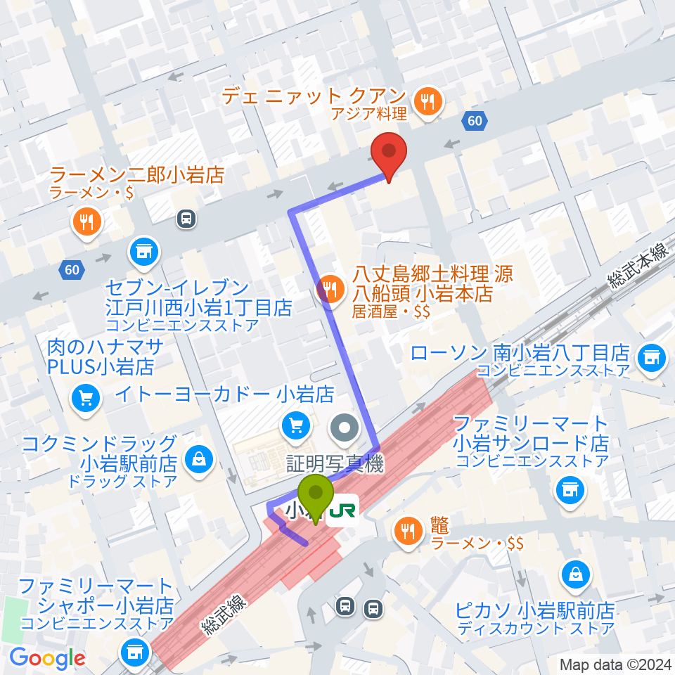 サウンドスタジオM小岩店の最寄駅小岩駅からの徒歩ルート（約4分）地図